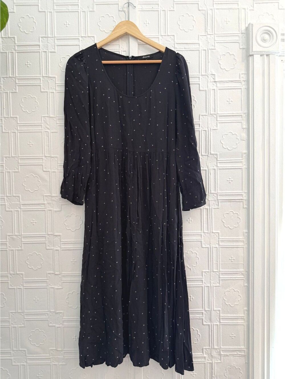 Madewell Star Print Midi Dress Size 6 Navy Blue Long Sleeve